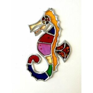 Vintage Faux Stained Glass Seahorse Sun Catcher Colorful Window Beach Coastal